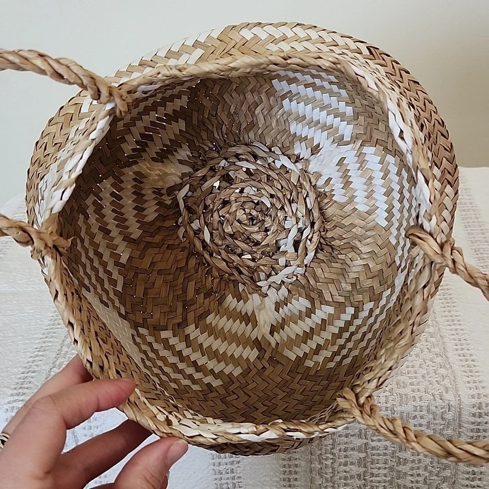 Handmade vintage double handled basket, snake charmer, neutral, farmhouse, boho